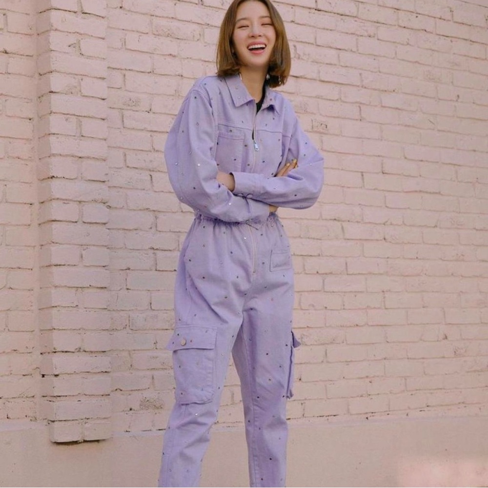 NWT IRENEISGOOD EMBELLISHED DENIM JUMPSUIT IN LILAC